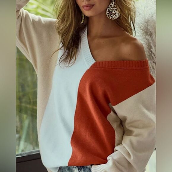 Bibi Oversized Colorblock Fall Vibes V Neck Sweater - Picture 2 of 10